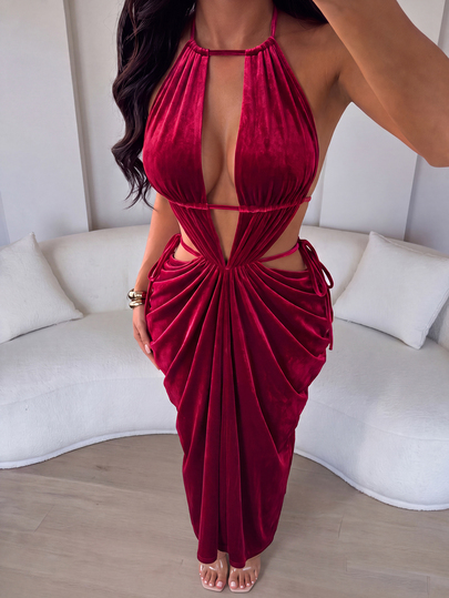 SOLERSUN Women's Halter Neck Ruched Velvet Draped Slim Fit Evening Dress With Waist Cutout And Back Tie Design