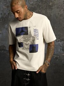 BATMAN X SHEIN Men's Hip-Hop Letter Print Crew Neck Short Sleeve T-Shirt, Casual - Apricot - View 1