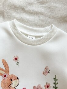 SHEIN Vintaside Kids Baby Girls 2 Pcs Bunny Floral Embroidered Sweatshirt And Solid Color Leggings Set For Outdoor Photo Shoot Baby Shower - Khaki - View 4