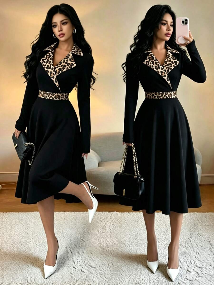 Elenzga New Knit Ant Fabric Textured Leopard Print Solid Color Patchwork Flat Collar Long Sleeve Waist-Cinched Design Elegant Versatile Height-Enhancing Slimming Daily Party Women's Mid-Length Dress - Multicolor - View 1