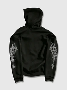 ROMWE MEN Street Life Teen Boy Angel Cross Print Hoodie - Black - View 4