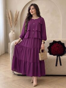 Modelyn Plus Size 2 Pieces Set Ice Silk Crinkled Fabric Elegant Casual Style, Suitable For Spring And Autumn Daily Wear And Dating Occasions - Red Violet - View 6