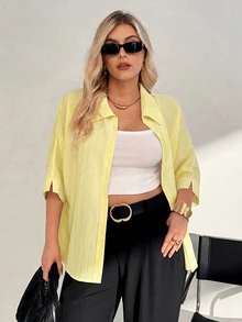 Auralis Plus Size Summer Casual Solid Color Batwing Sleeve Shirt - Light Yellow - View 4