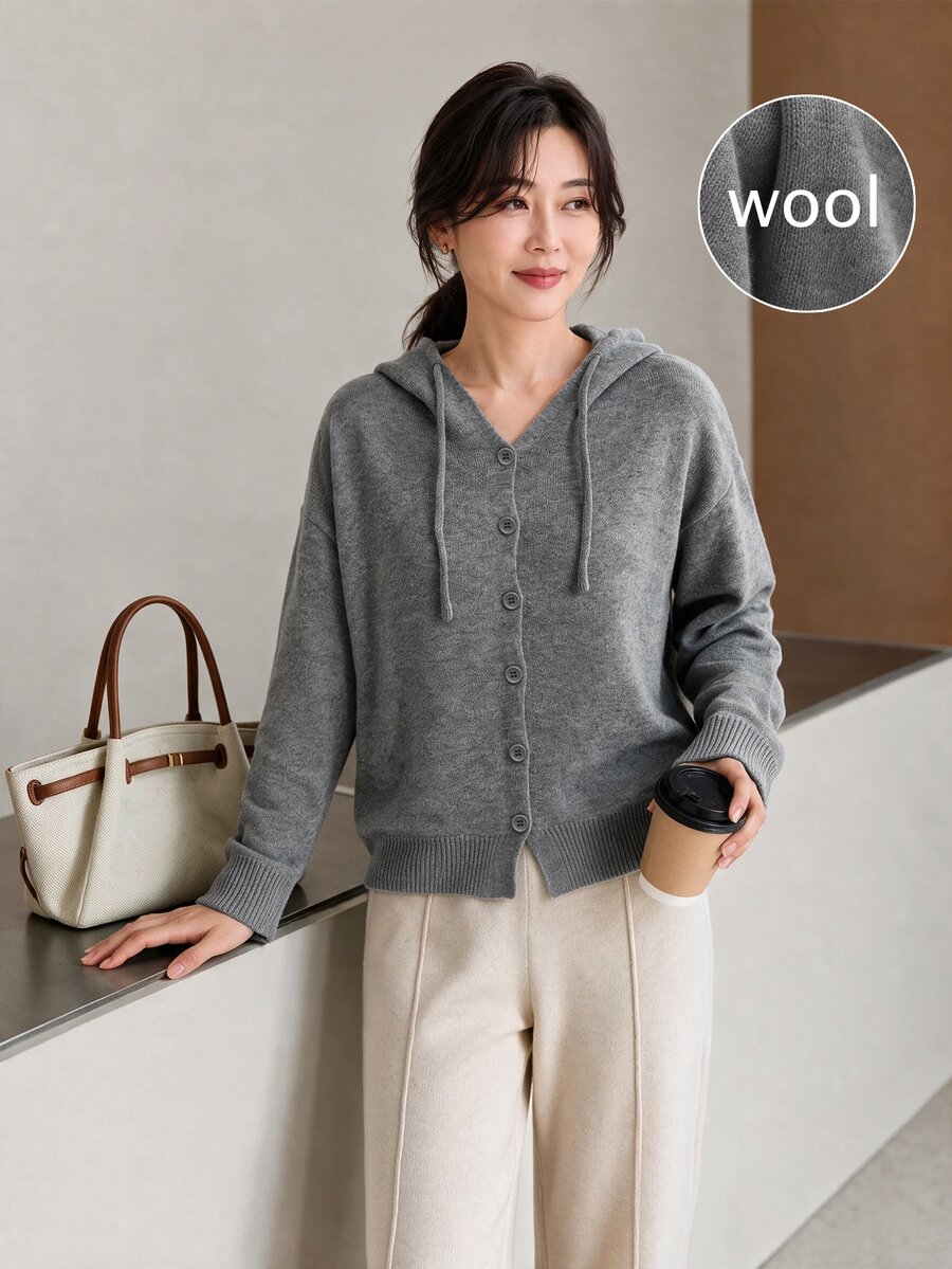 Yumoku Women's Versatile Casual Single-Breasted Hooded Knit Cardigan Everyday Brunch Grey Autumn Everyday Women Winter Sweater - Grey - View 1