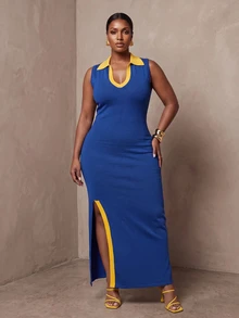 Slaydiva Spring/Summer Women's Plus Size New Bold, Classy Feminine Style Tummy Control Fit Breathable Elegant Romantic Classic Deep Blue & Orange Contrast Deep V Polo Neck High Slit Knit Dress - Multicolor - View 5