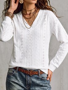 SHEIN LUNE 新款熱銷時尚休閒V領白色提花長袖T恤 - 白色 - 查看 4