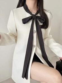 FRIFUL Mantel Wanita Lengan Panjang Elegan dengan Desain Simpul untuk Musim Gugur/Dingin - Krem - View 1