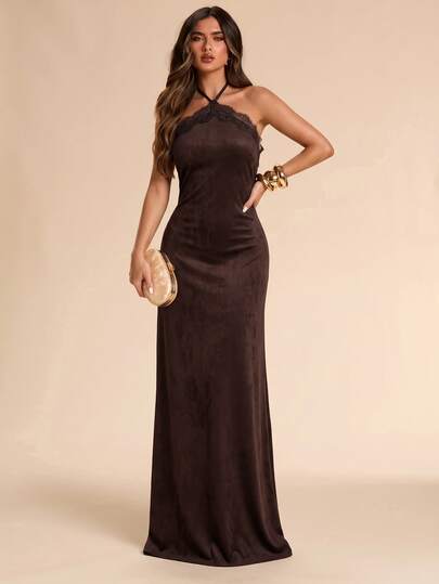 SHEIN BAE Women's Lace Patchwork Casual Party Halter Neck Dress