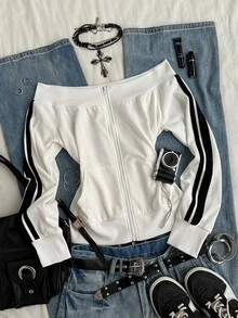 Attitoon Sweatshirt Wanita Motif Garis-Garis Blok Warna dengan Model Bahu Terbuka - Putih - View 4