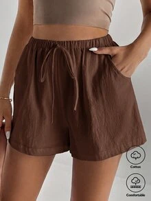 SHEIN Tall 女款純色前打結短褲，適合夏季 - 棕色 - 查看 9