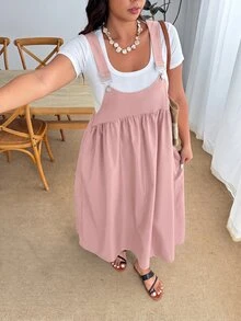Enliva Plus Size Loose Black Strap Dress - Pink - View 8