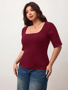 Enliva Plus Size Women's High Elasticity Slim Fit Square Neck Short Sleeve T-Shirt, Skin-Friendly Spring/Summer Style, Flattering For Round Body Shape (Suitable For Apple-Shaped Body) - Burgundy - View 3