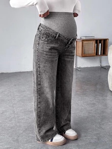 SHEIN 孕婦拼接色休閒百搭日常穿著牛仔褲 女款西部牛仔風套裝 - 黑色 - 查看 4