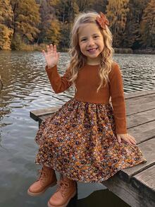 Emery Rose Kids Emery Rose Kids 女童小女孩拼色休閒日常夏季旅行洋裝 秋季風格 秋冬日常 農場萬聖節穿搭 - 卡其色 - 查看 1