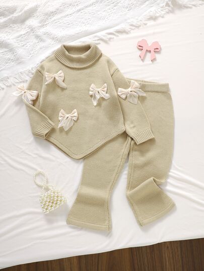 SHEIN Girlss Sweater Co-Ords High Neck Bow Knitted Sweater Set Asymmetrical Hem Top And Flared Long Wide Leg Pants 2 Piece Set Soft And Skin-Friendly Fall W