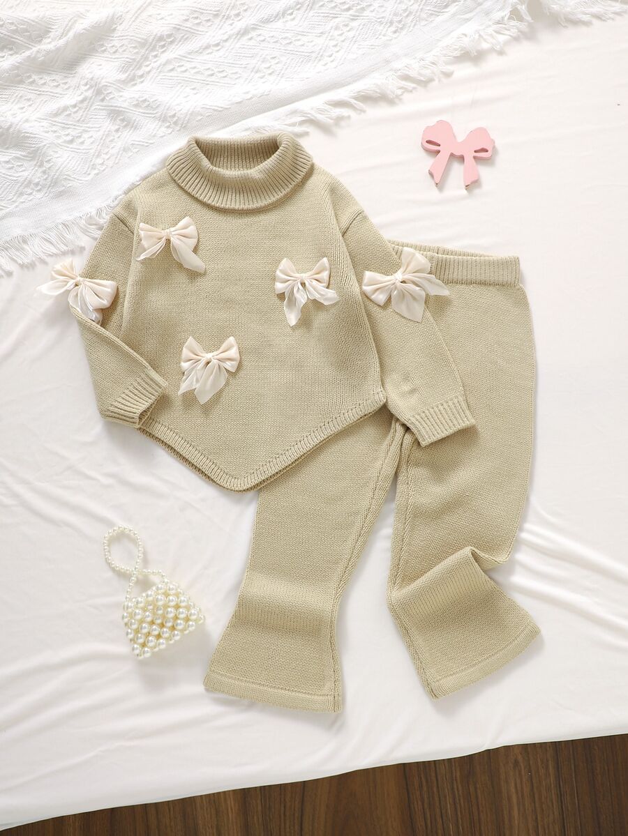 SHEIN Girlss Sweater Co-Ords High Neck Bow Knitted Sweater Set Asymmetrical Hem Top And Flared Long Wide Leg Pants 2 Piece Set Soft And Skin-Friendly Fall W - Apricot - View 1