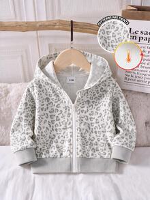 Baby Girl Fashionable Minimalist Cute Leopard Print Hooded Zip-Up Long Sleeve Fleece-Lined Sweatshirt Jacket, Soft Fabric, Suitable For Outings In Autumn/Winter - Multicolor - View 1