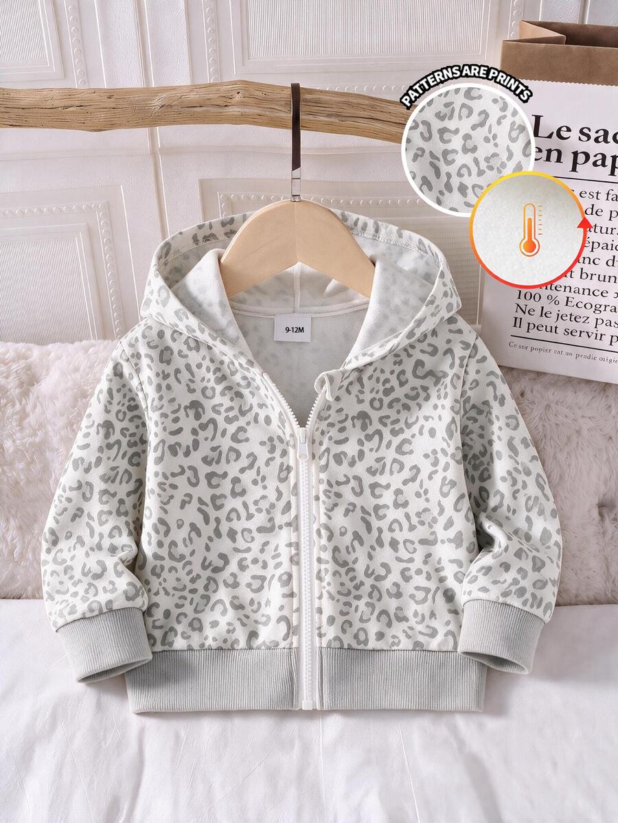 Baby Girl Fashionable Minimalist Cute Leopard Print Hooded Zip-Up Long Sleeve Fleece-Lined Sweatshirt Jacket, Soft Fabric, Suitable For Outings In Autumn/Winter - Multicolor - View 1