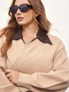 Maija Plus Size Minimalist Street Style Zipper Long Sleeve Knit Cardigan - Brown - View 5