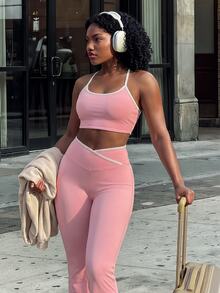 Rovax Women's Cropped Camisole Tank Top And Flare Leggings Sports Set - Baby Pink - View 3