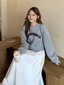 DAZY Gaun Midi Sweatshirt Lengan Panjang 2 in 1 Leher Bulat Wanita untuk Musim Gugur - Grey - View 6