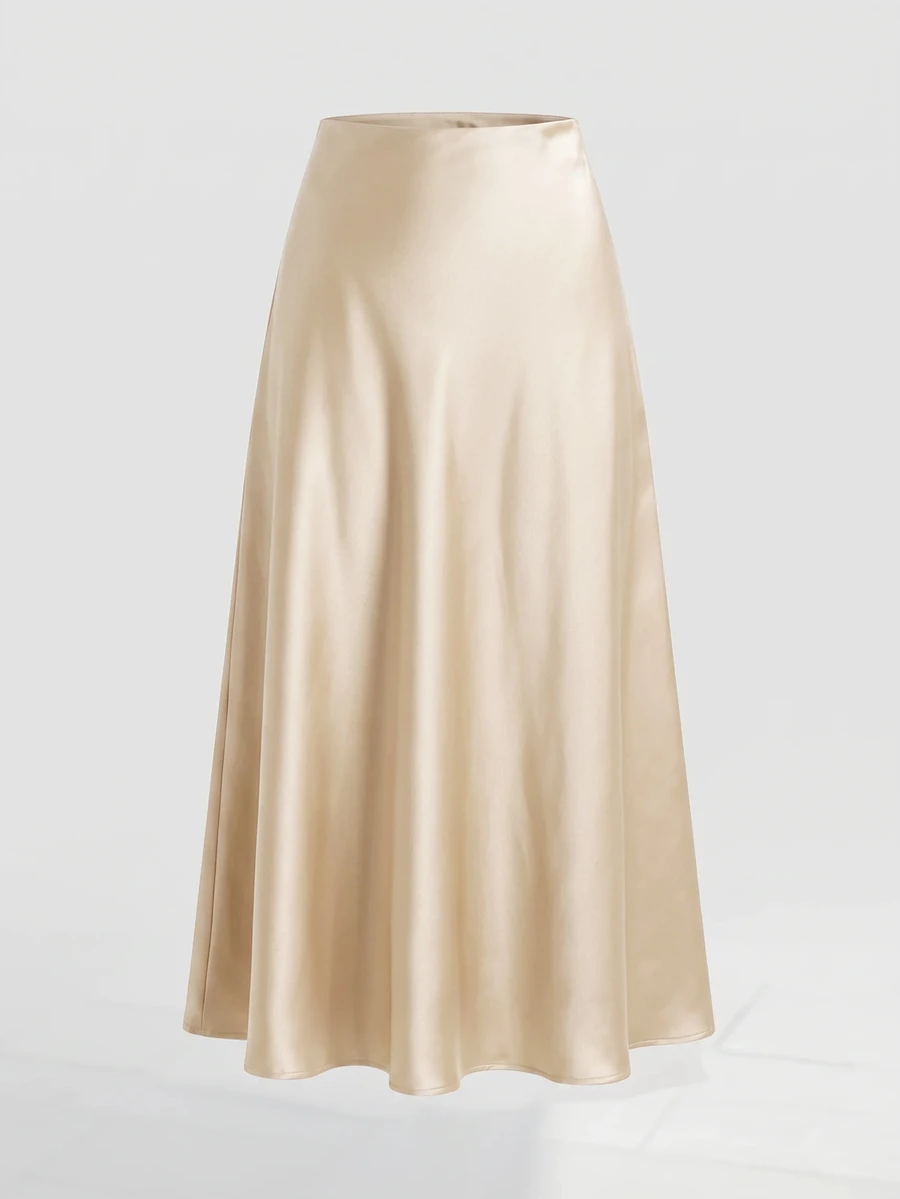 Firerie Elegant Commute Solid Color Satin Long Skirt - Apricot - View 1