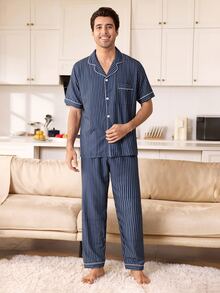CoupledUp Classic Striped Print Open Front Lapel Short Sleeve Long Pants Men's Pajama Set - Navy Blue - View 3
