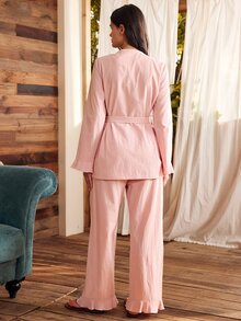 Lullawish Bohemian Relaxed Comfortable Cotton Blend Loose Ruffle Tie Women's Loungewear Set - Pink - View 2
