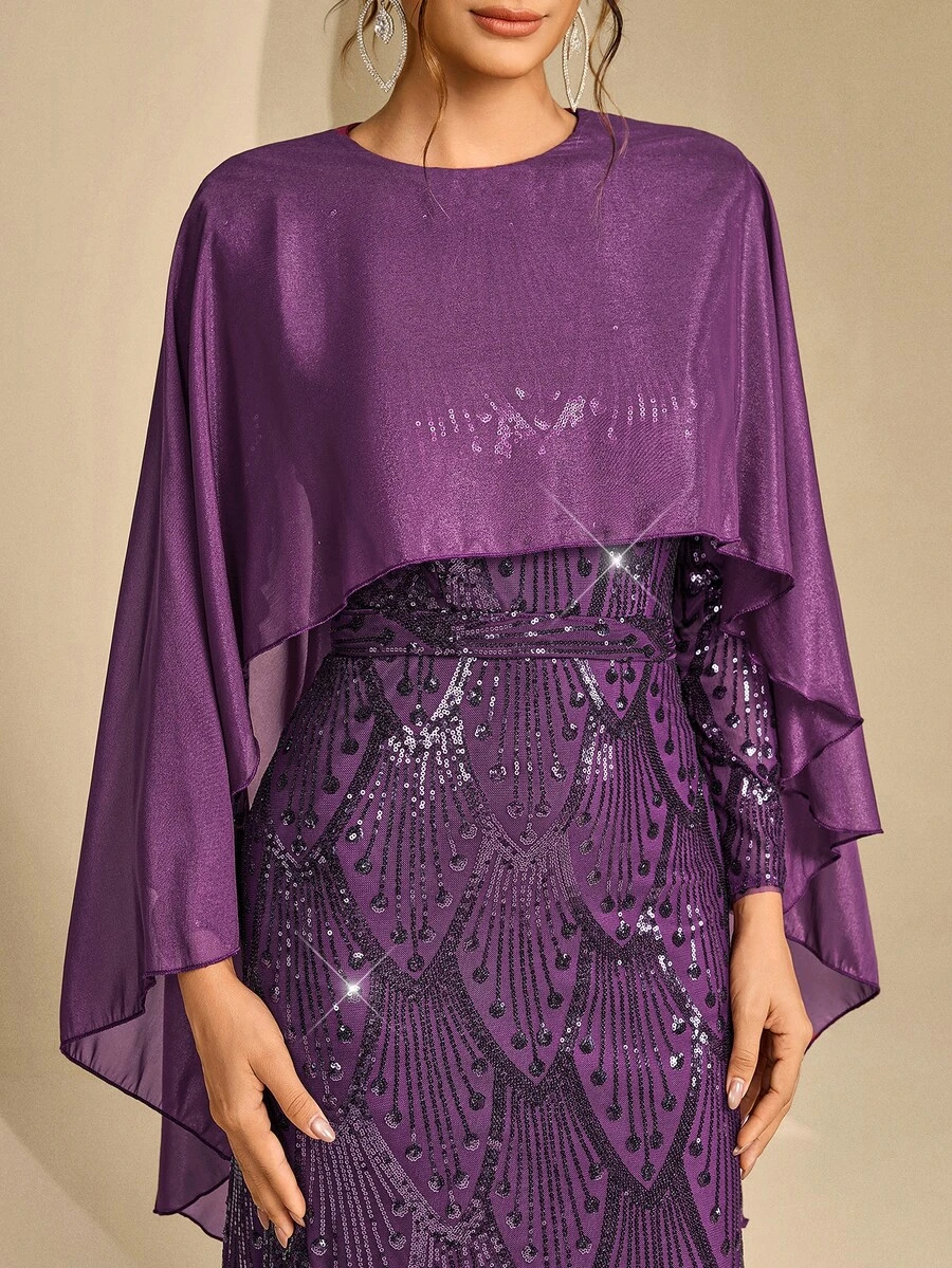 Coutiva Women's Sequin Cape Formal Evening Gown
