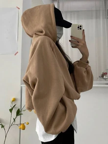 DAZY 女款純色連帽超寬鬆短版運動衫 - 棕色 - 查看 4