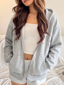 青少年女孩淺灰色拉鍊連帽寬鬆休閒衛衣，簡約休閒，居家與運動適用 - 淺灰色 - 查看 1
