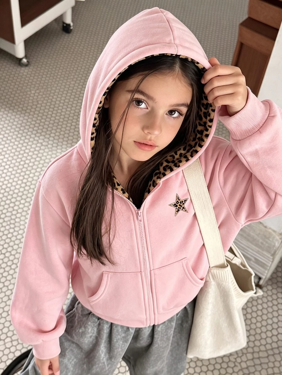 Tween Girls Casual Street Leopard Print Plush Hat, Five-Point Star Print Zipper Front Pocket Loose Jacket, Suitable For Daily Wear, Back To School - Pink - View 1