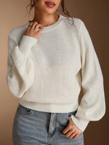 SHEIN BASICS 女款素色休閒百搭日常穿著長袖針織衫 - 白色 - 查看 3