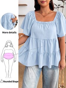 Enliva Blusa de talla grande con cuello cuadrado, ajuste holgado, volantes escalonados y manga corta - Azul - Ver 1