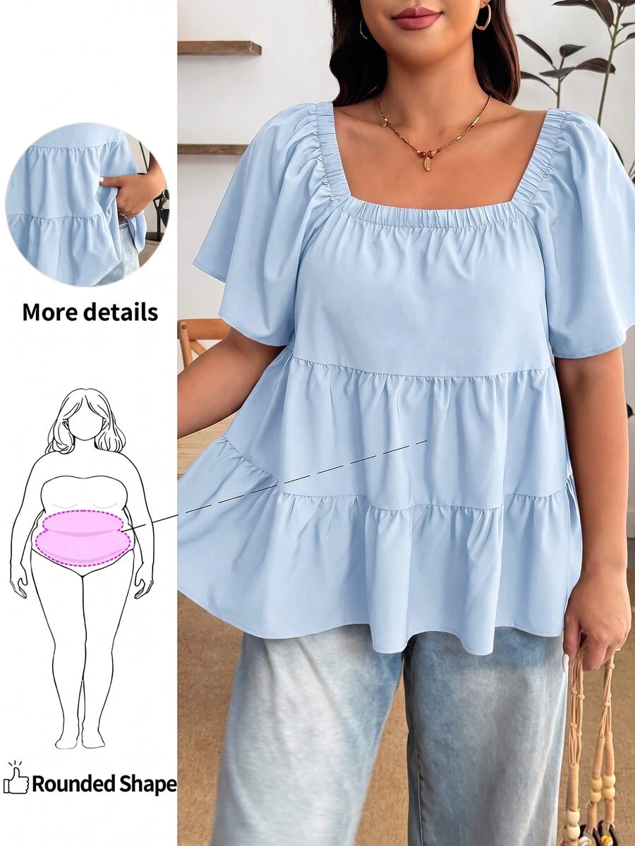 Enliva Blusa de talla grande con cuello cuadrado, ajuste holgado, volantes escalonados y manga corta - Azul - Ver 1