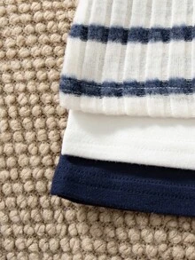 SHEIN 小熊刺繡長袖T恤，嬰兒幼兒春秋羅紋/純色/條紋內搭上衣，男孩女孩休閒百搭上衣3件組 - 彩色 - 查看 5