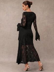 MaterniChic Elegant Solid Color Lace Ruffle Maternity Party Dress Fall - Black - View 4