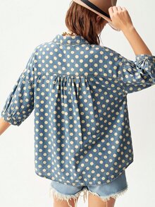Bohemela Plus Size Vacation Casual Polka Dot Print Shirt - Blue - View 6