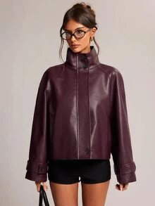 SHEIN BAE 女款時尚街頭風高領鈕扣長袖夾克外套 - 酒紅色 - 查看 7