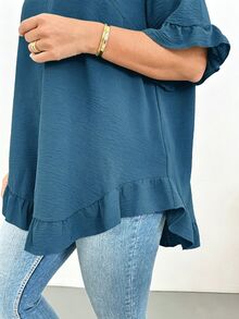 Shapeblank Áo blouse nữ size lớn màu trơn cổ tròn tay ngắn gấu bèo dáng rộng - Màu xanh ngọc - Xem 7