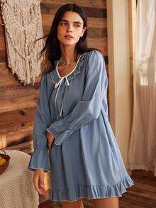 Lullawish Vestido de Loungewear Feminino Boêmio com Babados, Patchwork, Confortável, Mistura de Algodão, Caimento Solto - Azul Empoeirado - Visão 6