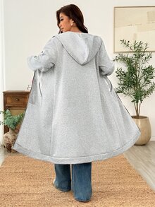 Weeklong Jaket Lengan Panjang Kasual Wanita Ukuran Besar Warna Polos dengan Tali Serut dan Tudung untuk Musim Dingin - Grey - View 2