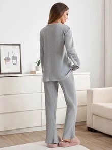 SHEIN Sleepy Bunny Graphic Rib Knit Lounge Set - Beige - View 2