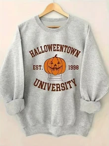 SHEIN LUNE 女款萬聖節毛衣「Halloween Town University Est. 1998」南瓜圖案灰色圓領套頭運動衫，適合萬聖節派對與 - 杏色 - 查看 1