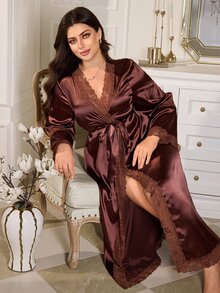 MuseNap CURVE Satin Glossy Lace Trim Elegant Minimalist Tie-Front Plus Size Nightgown - Brown - View 3