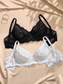 Charlaine 2pcs French Lace Sexy Plus Size Underwire Push-Up Side-Smoothing Bra Lingerie For Women - Multicolor - View 5