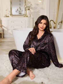 MuseNap CURVE Plus Size Leopard Print Faux Silk Open Front Lapel Long Sleeve Pajama Set With Pants - Brown - View 6
