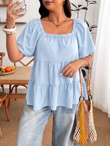 Enliva Blusa de talla grande con cuello cuadrado, ajuste holgado, volantes escalonados y manga corta - Azul - Ver 3