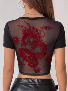 SHEIN ICON Spring/Summer Printed Short Sleeve T-Shirt, Blending Grunge Style With Fashionable Sexy Elements, Featuring Dragon Print And Flocked Mesh Patchwork Design, Suitable For Casual Outfits - Red and Black - View 8