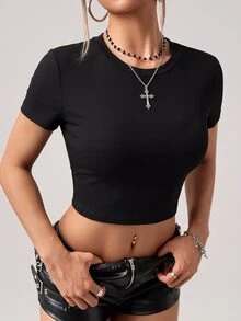 SHEIN ICON Spring/Summer Printed Short Sleeve T-Shirt, Blending Grunge Style With Fashionable Sexy Elements, Featuring Dragon Print And Flocked Mesh Patchwork Design, Suitable For Casual Outfits - Red and Black - View 9